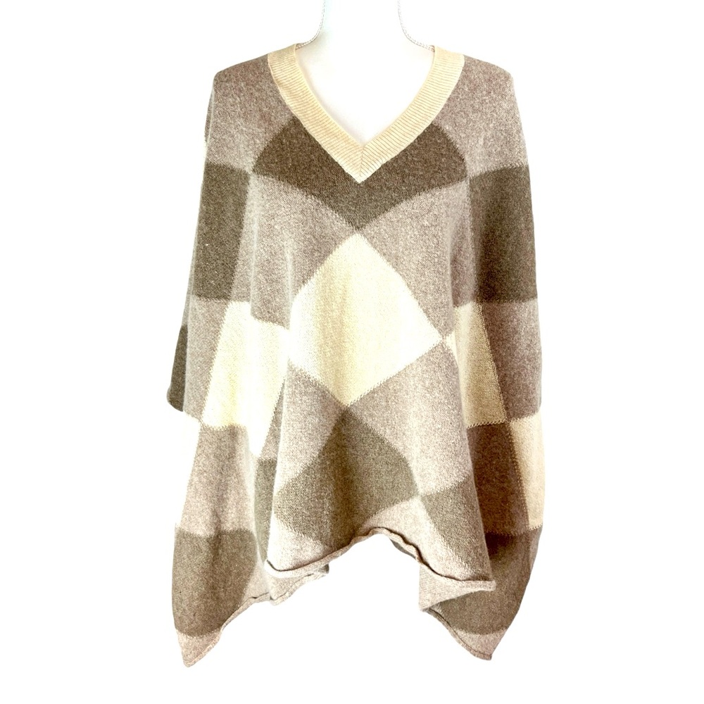 BOSTON PROPER Tan Cream Patchwork Poncho One Sz Lambswool Fall Pullover‎ Casual
